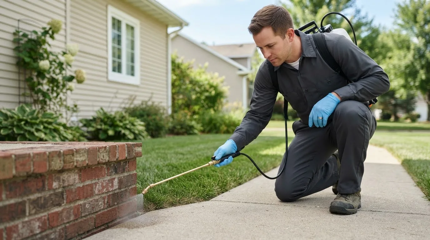 Pest control technician treating a home near Philadelphia, MO